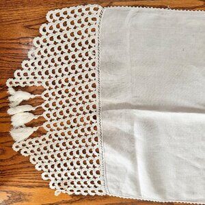 Vintage Handmade Linen Table Runner With Crochet Lace Tassel Trim